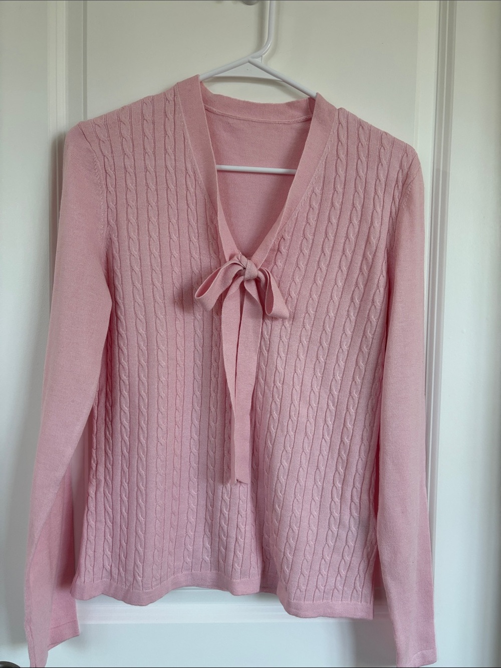 Brooks Brothers Pink Cable-Knit V-Neck Sweater with Front Tie